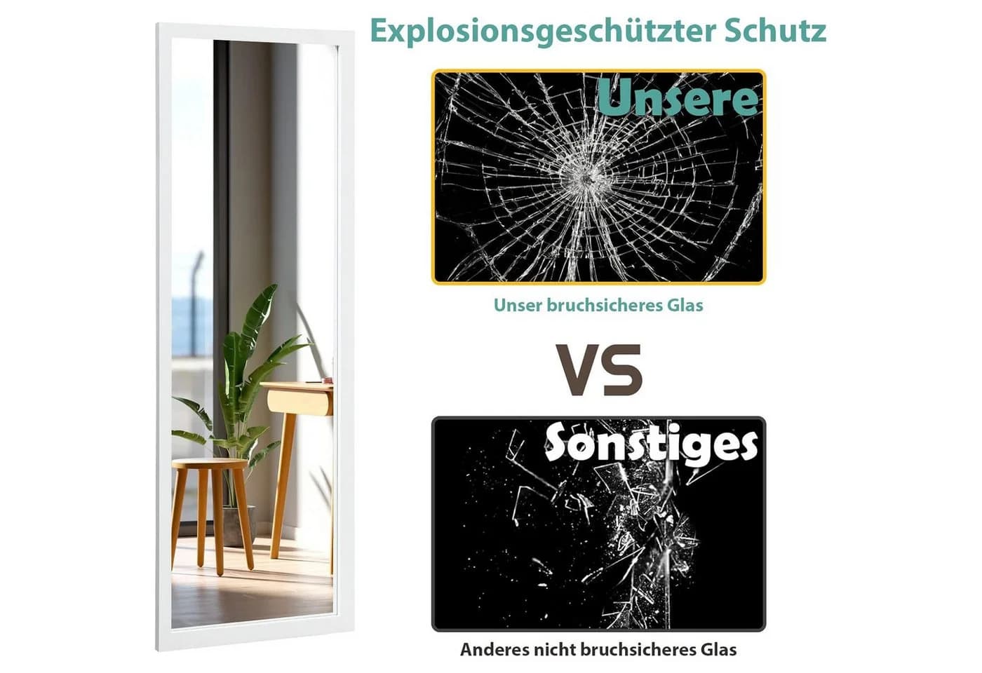 ToteBox Wandspiegel 33x119cm Unbrechbarer Garderobenspiegel Weiß/Schwarz - Bild 5
