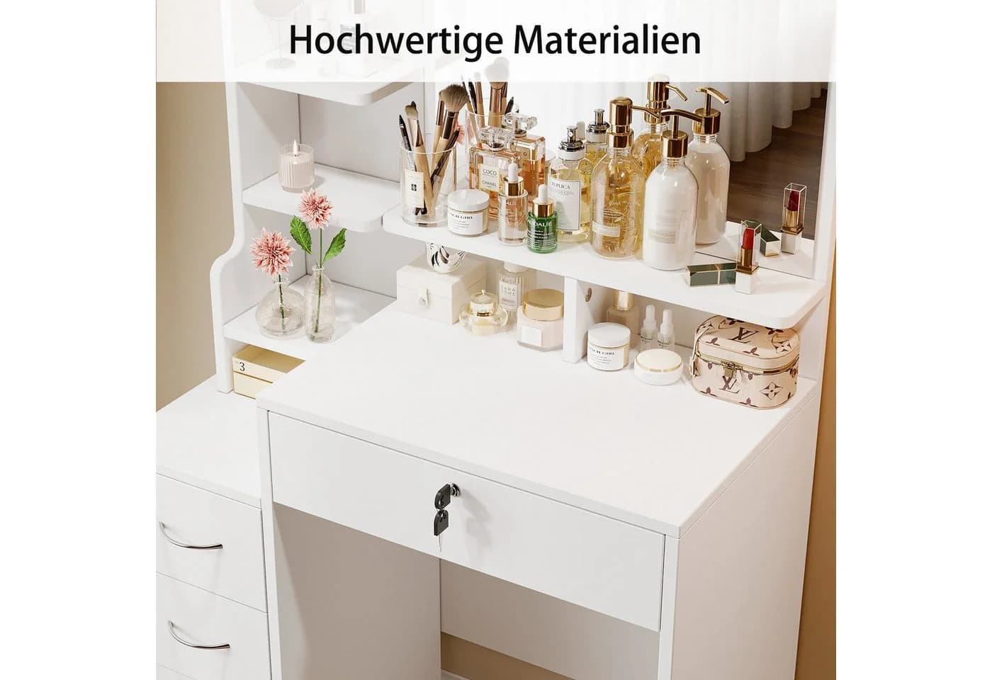 ToteBox Schminktisch mit 4 Schubladen, Spiegel und Hocker Set Weiß - Bild 4