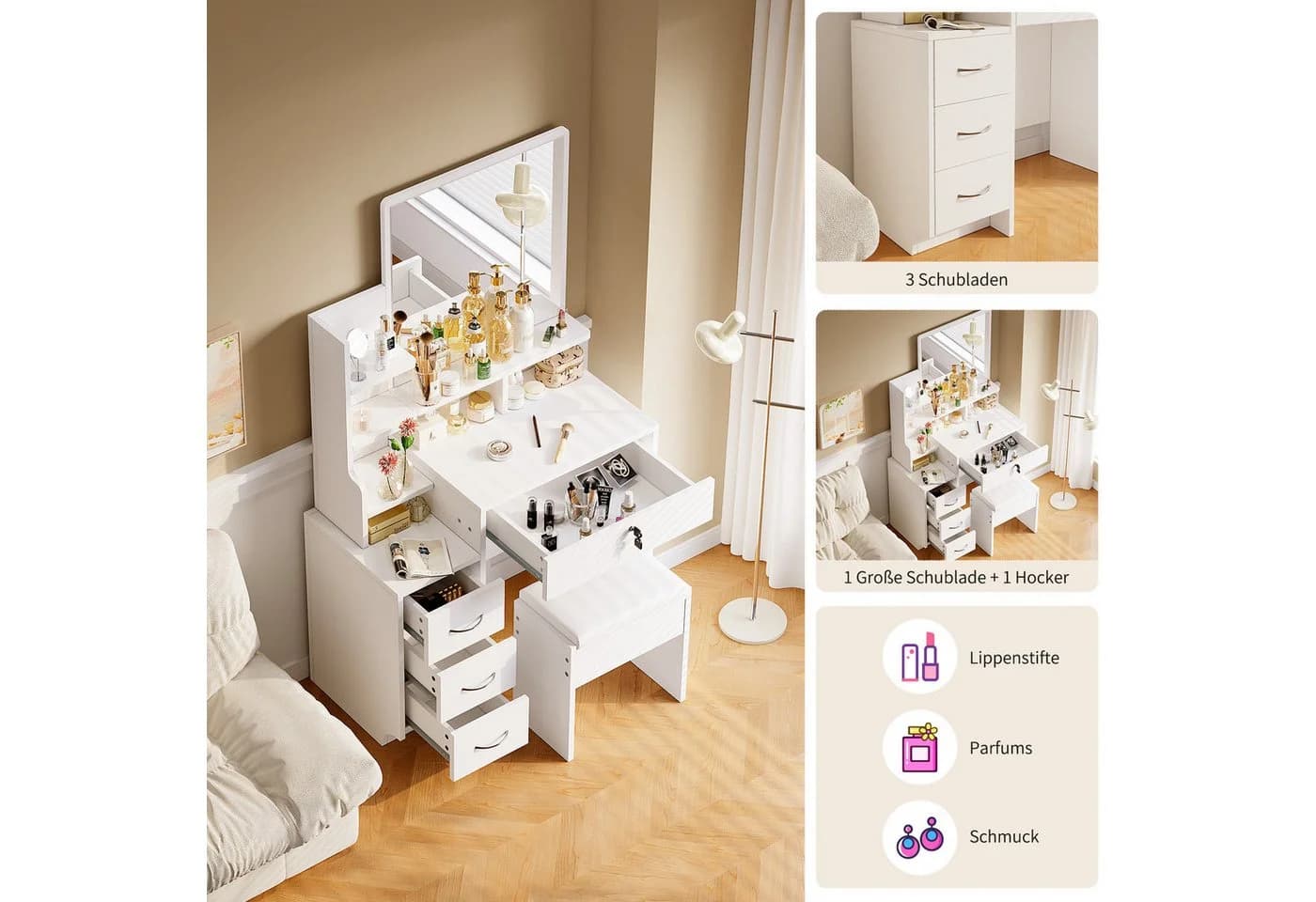 ToteBox Schminktisch mit 4 Schubladen, Spiegel und Hocker Set Weiß - Bild 5