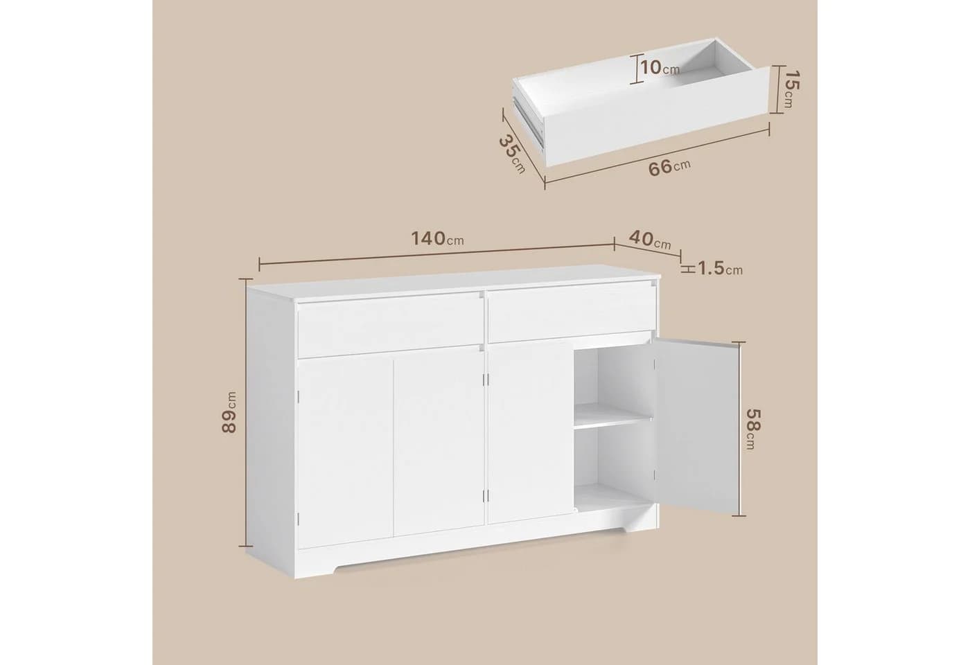 Bealife Sideboard Weiß mit zwei Schubladen und vier Türen - Bild 5