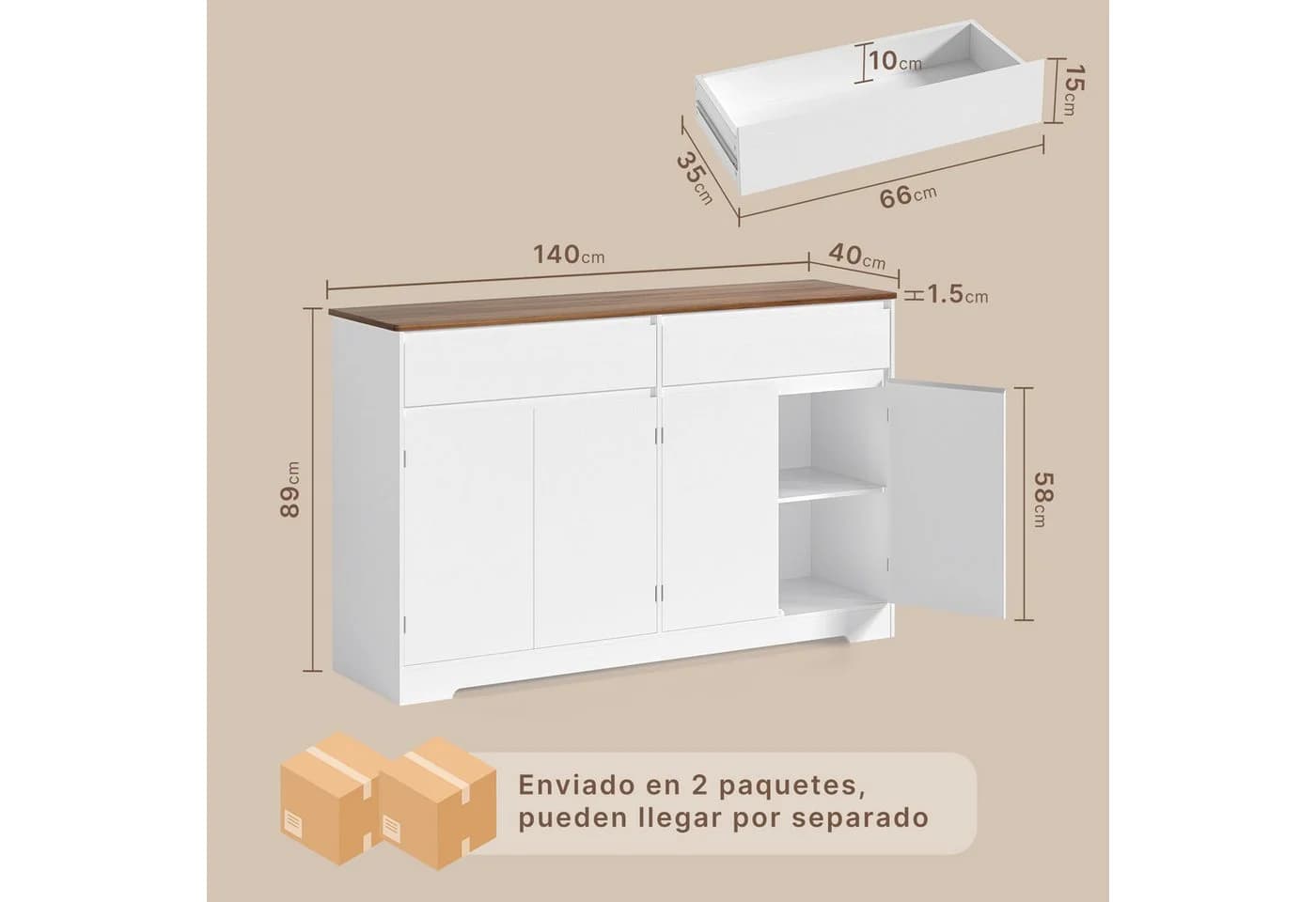 Bealife Sideboard Weiß mit zwei Schubladen und vier Türen - Bild 5