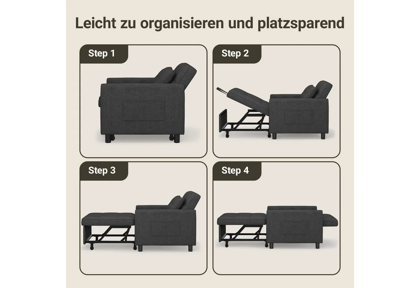 Bealife Relaxsessel 3 in 1 Klappsessel Grau Verstellbare Rückenlehne - Bild 5