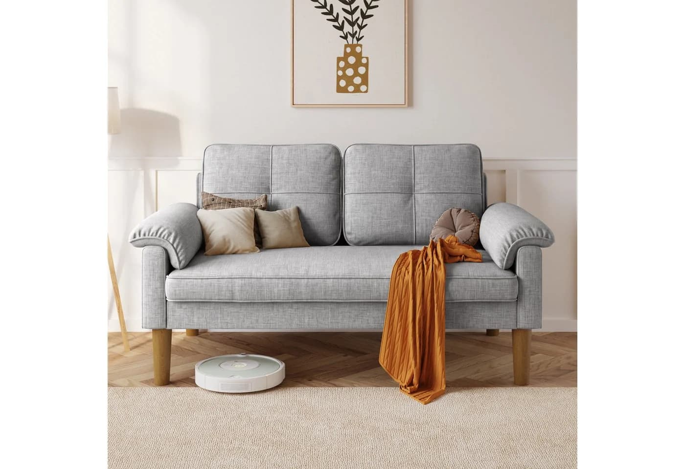 Bealife 2-Sitzer Sofa Grau mit Seitentaschen und Holzfüßen