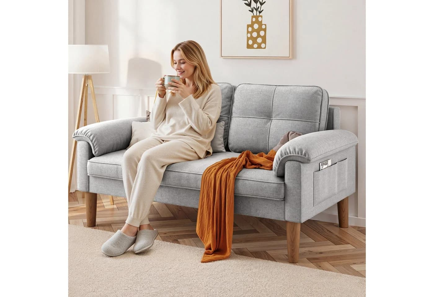 Bealife 2-Sitzer Sofa Grau mit Seitentaschen und Holzfüßen - Bild 4