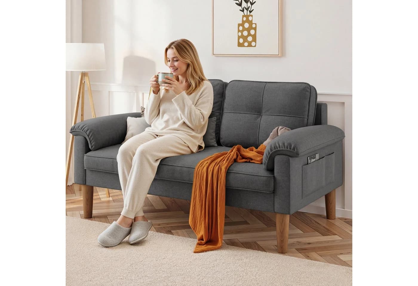 Bealife 2-Sitzer Sofa Grau mit Seitentasche und Armlehnen - Bild 4