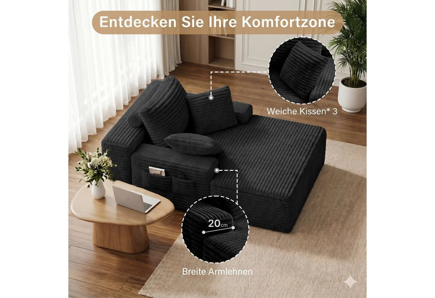 Bealife Schlafsofa Cordstoff Relaxsofa mit 3 Rückenkissen - Bild 5