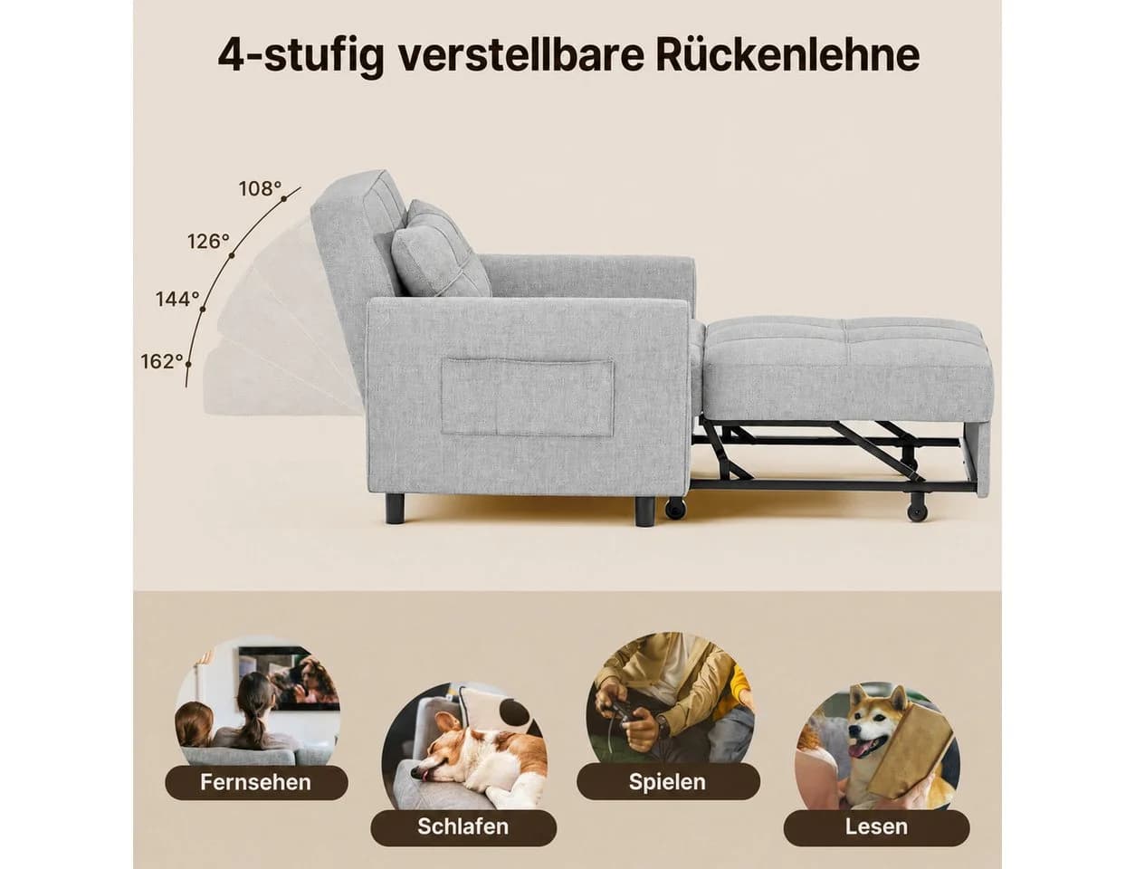 Blishom Ausziehbarer Schlafsessel 3-in-1 Grau Verstellbare Rückenlehne - Bild 3