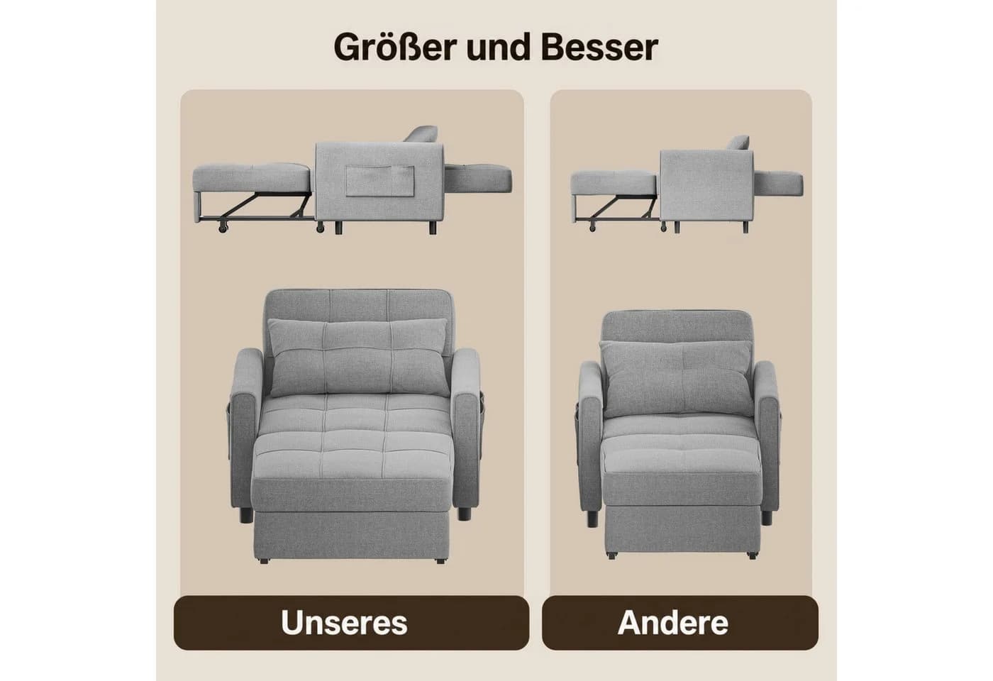 Blishom Ausziehbarer Schlafsessel 3-in-1 Grau Verstellbare Rückenlehne - Bild 5