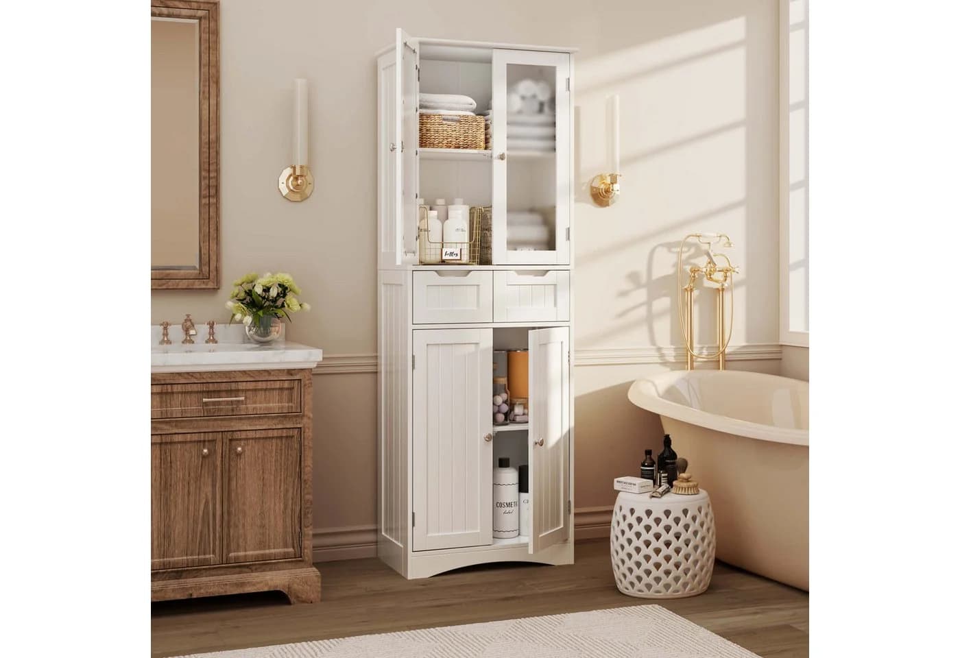 Blishom Hochschrank Vorratsschrank Weiß mit Milchglastüren - Bild 4