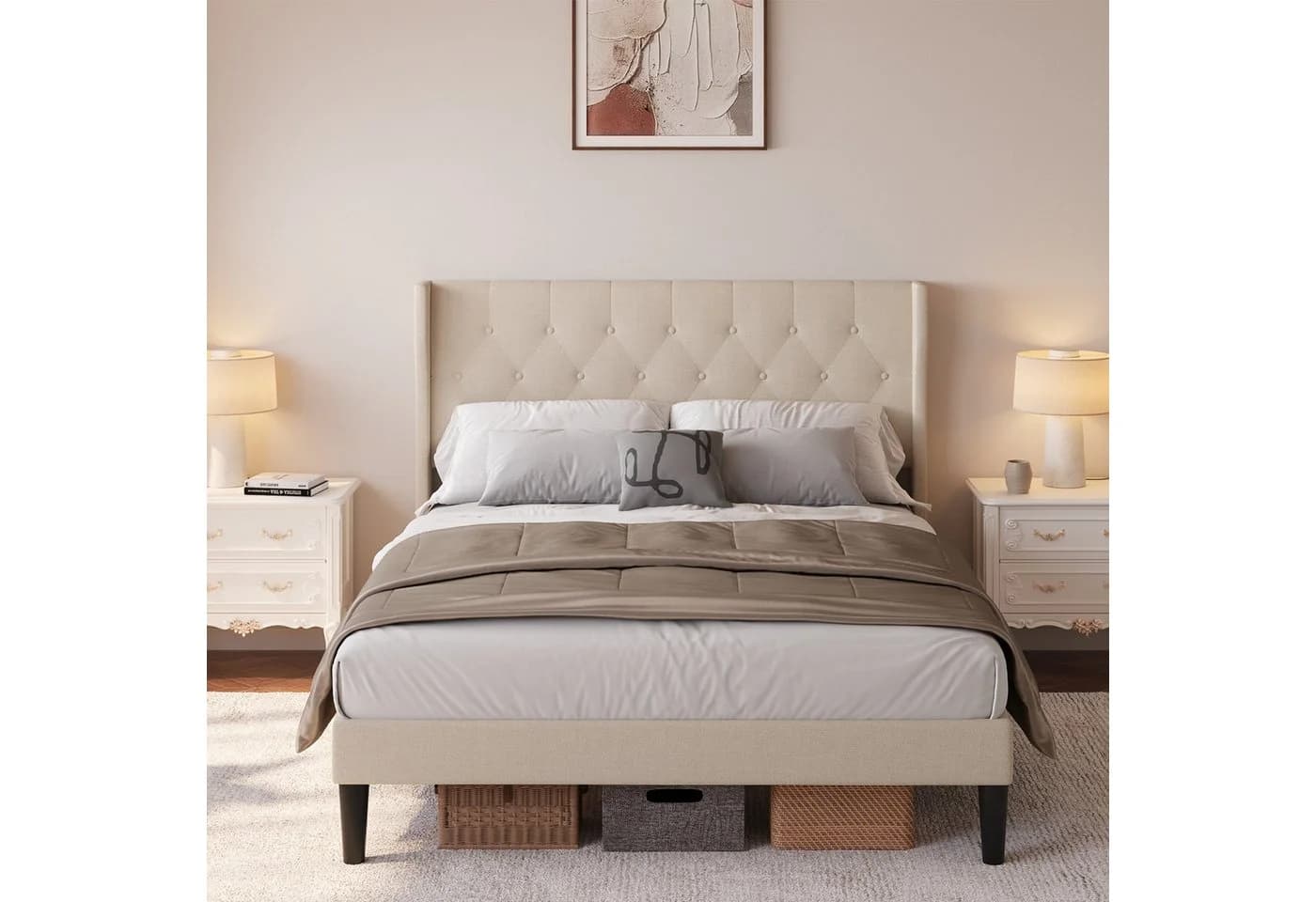 Blishom Polsterbett mit Flügelkopfteil Beige/Grau