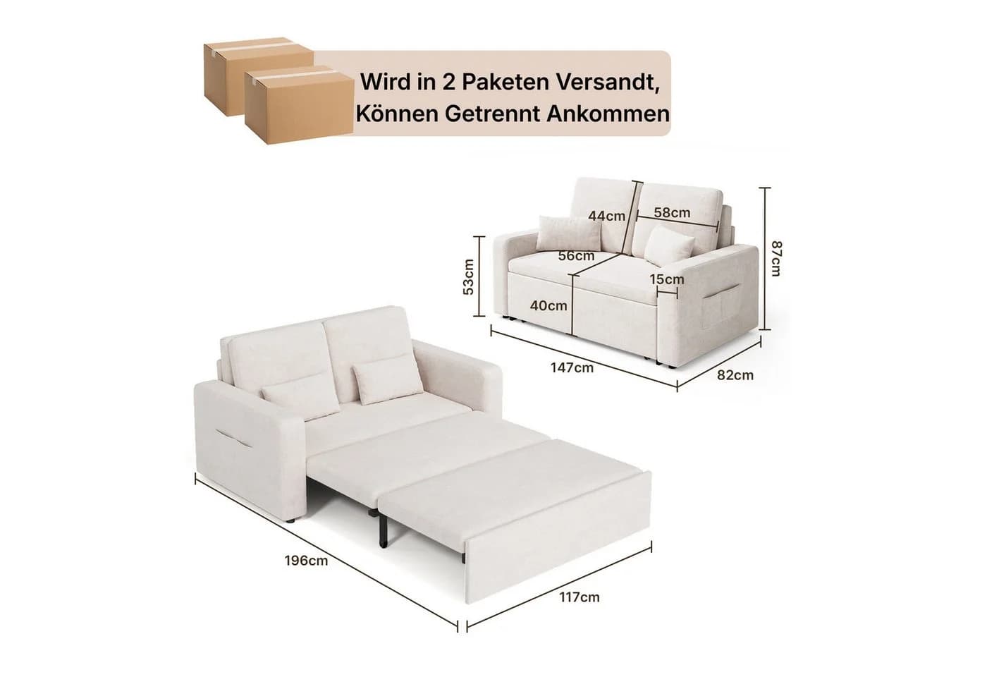 Blishom Schlafsofa 2-Sitzer Velours Dunkelgrau/Beige ausziehbar - Bild 3