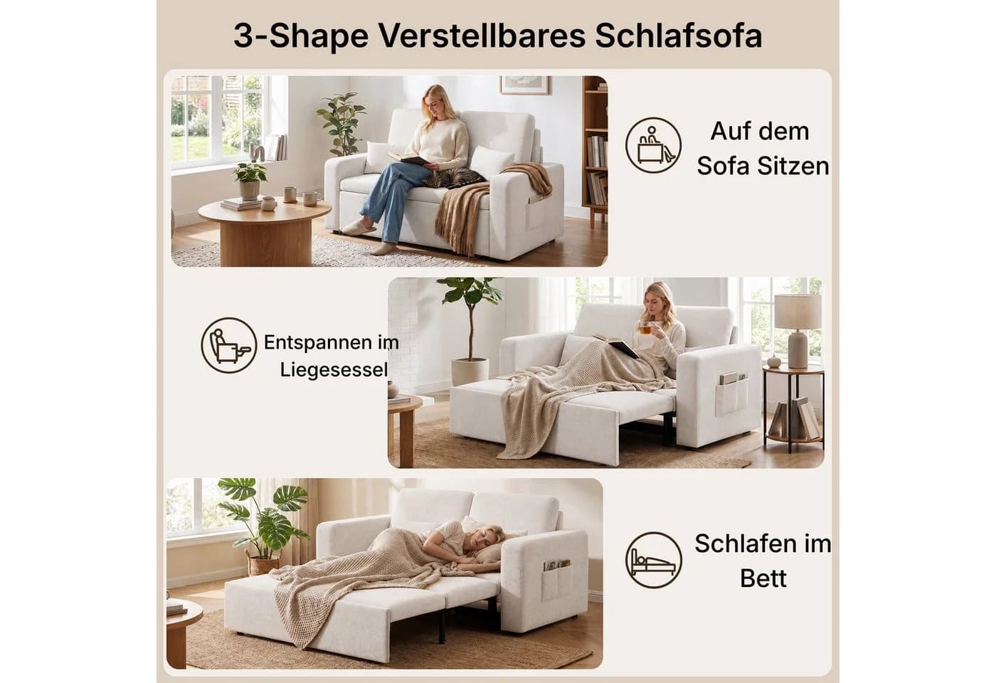 Blishom Schlafsofa 2-Sitzer Velours Dunkelgrau/Beige ausziehbar - Bild 4
