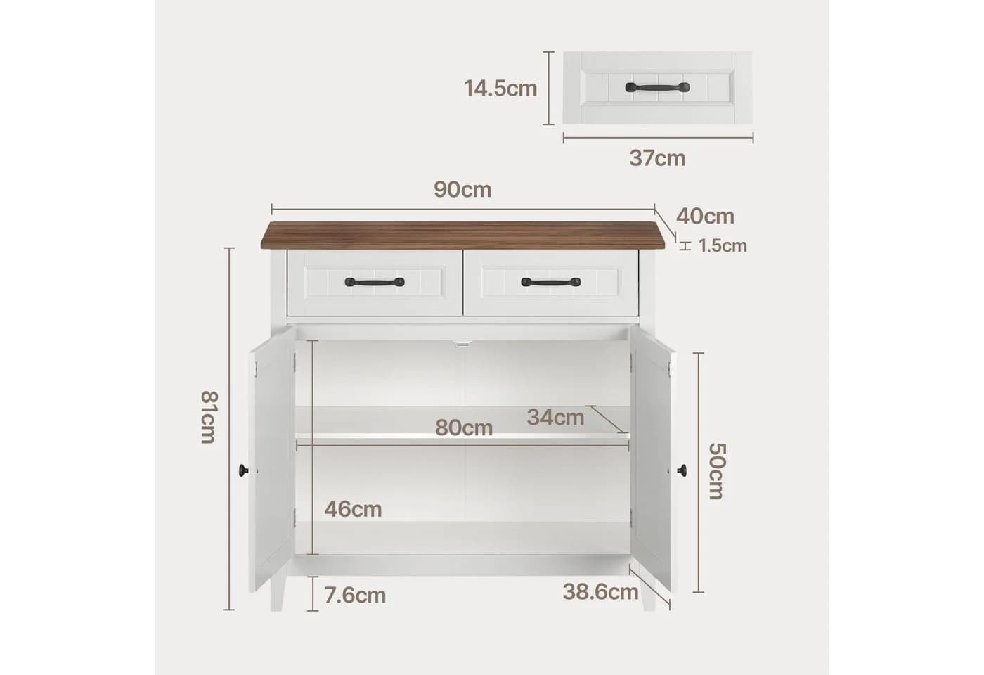 Blishom Buffet Sideboard Weiß mit Holzmaserung 2 Schubladen