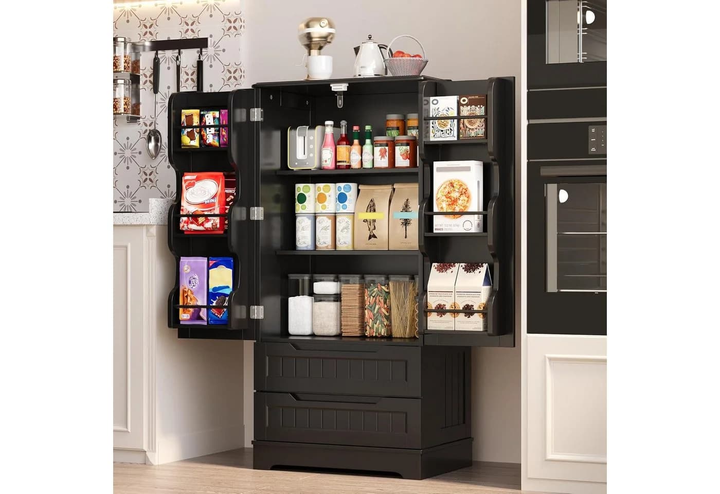 Blishom Sideboard Vorratsschrank 60x40x120 cm Weiß/Schwarz - Bild 4