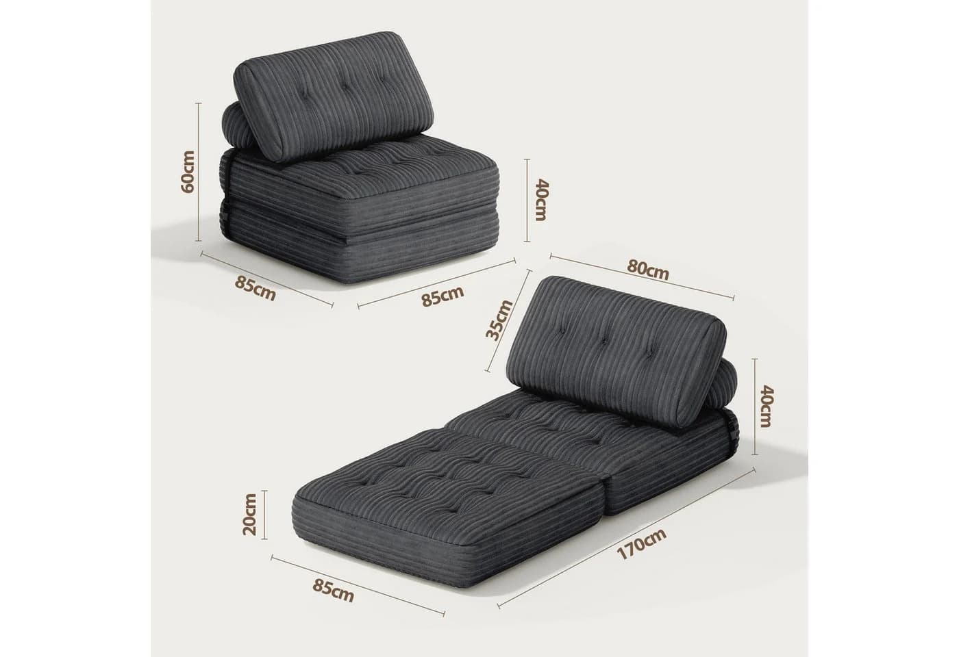 Blishom 1,5-Sitzer Schlafsofa aus Cord grau faltbar