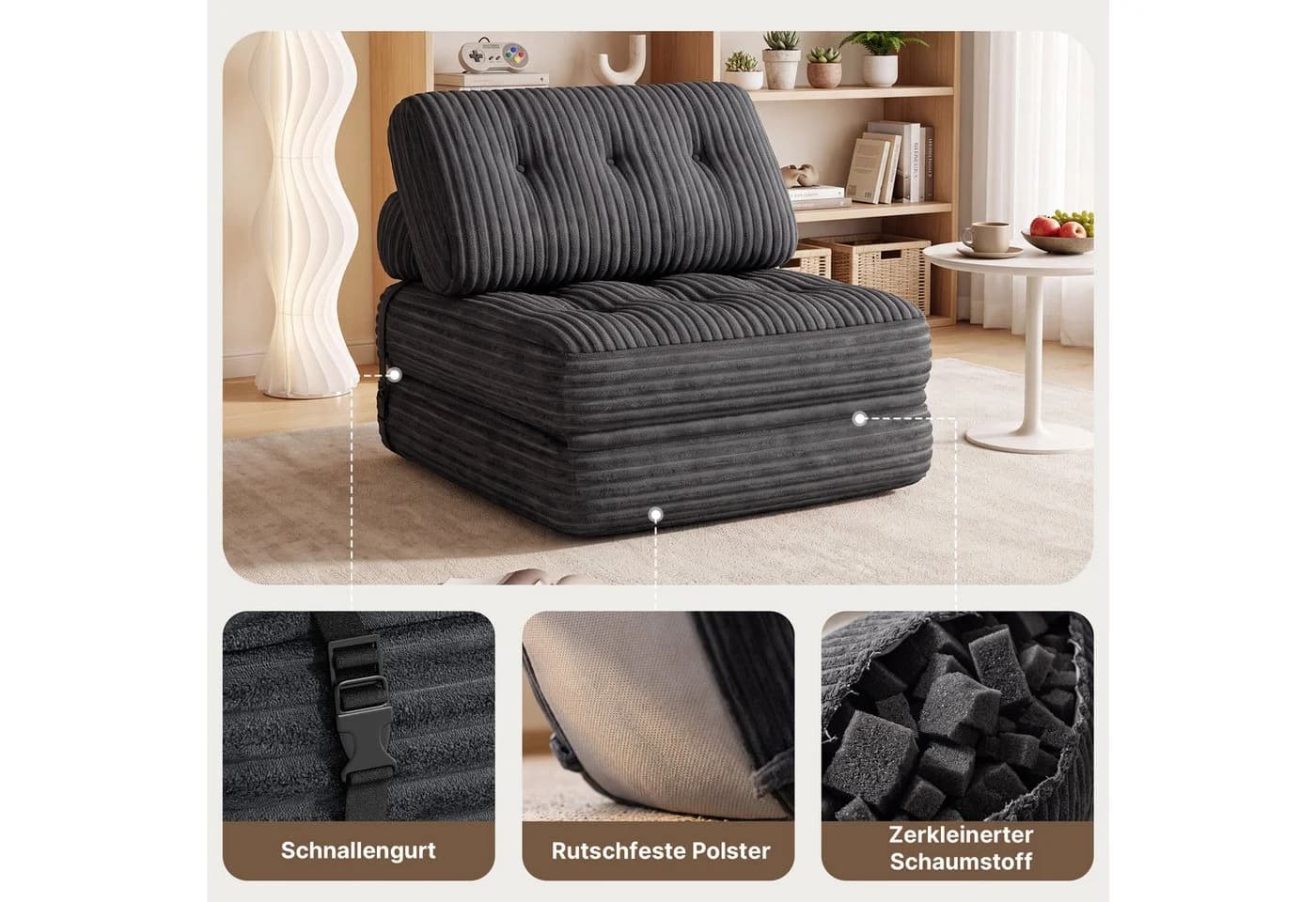 Blishom 1,5-Sitzer Schlafsofa aus Cord grau faltbar - Bild 5