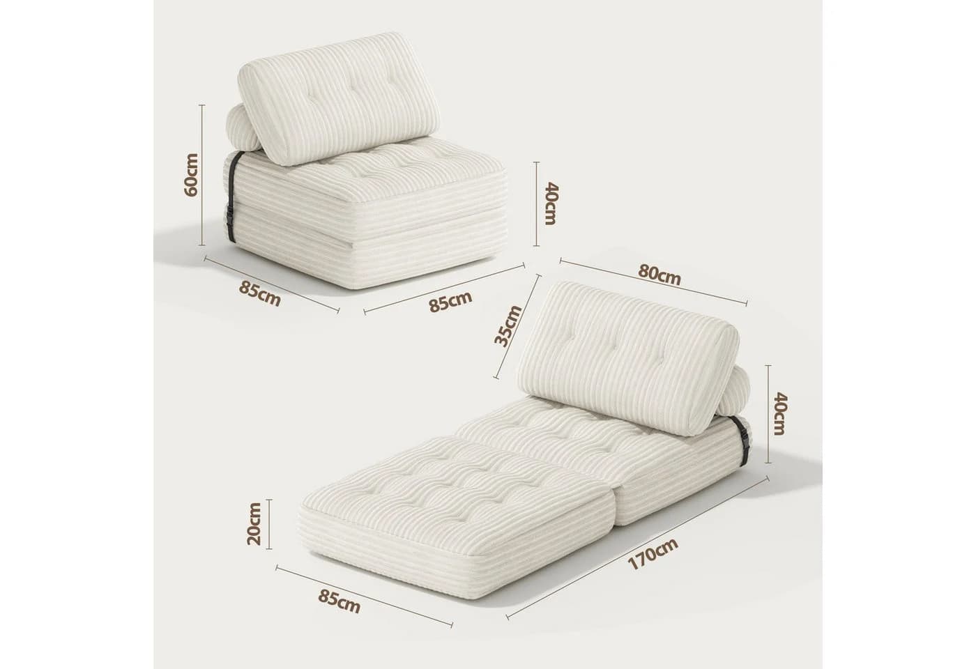 Blishom 1,5-Sitzer Schlafsofa Cord Beige 2-in-1 Faltbar