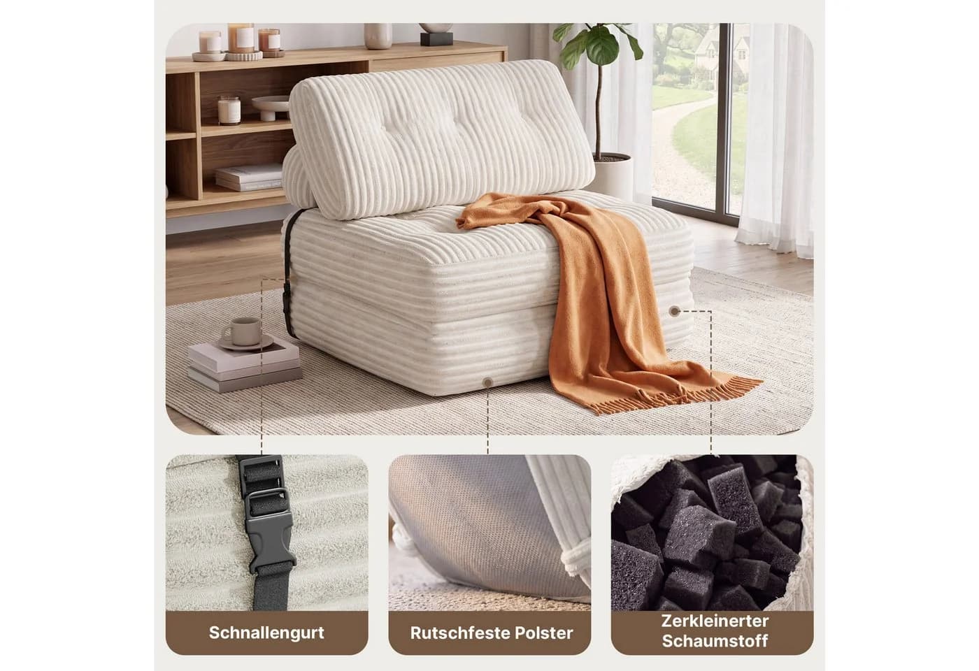 Blishom 1,5-Sitzer Schlafsofa Cord Beige 2-in-1 Faltbar - Bild 5