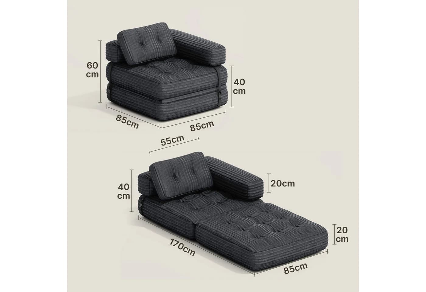 Blishom 1,5-Sitzer Schlafsofa aus Cord Grau 2-in-1 faltbar