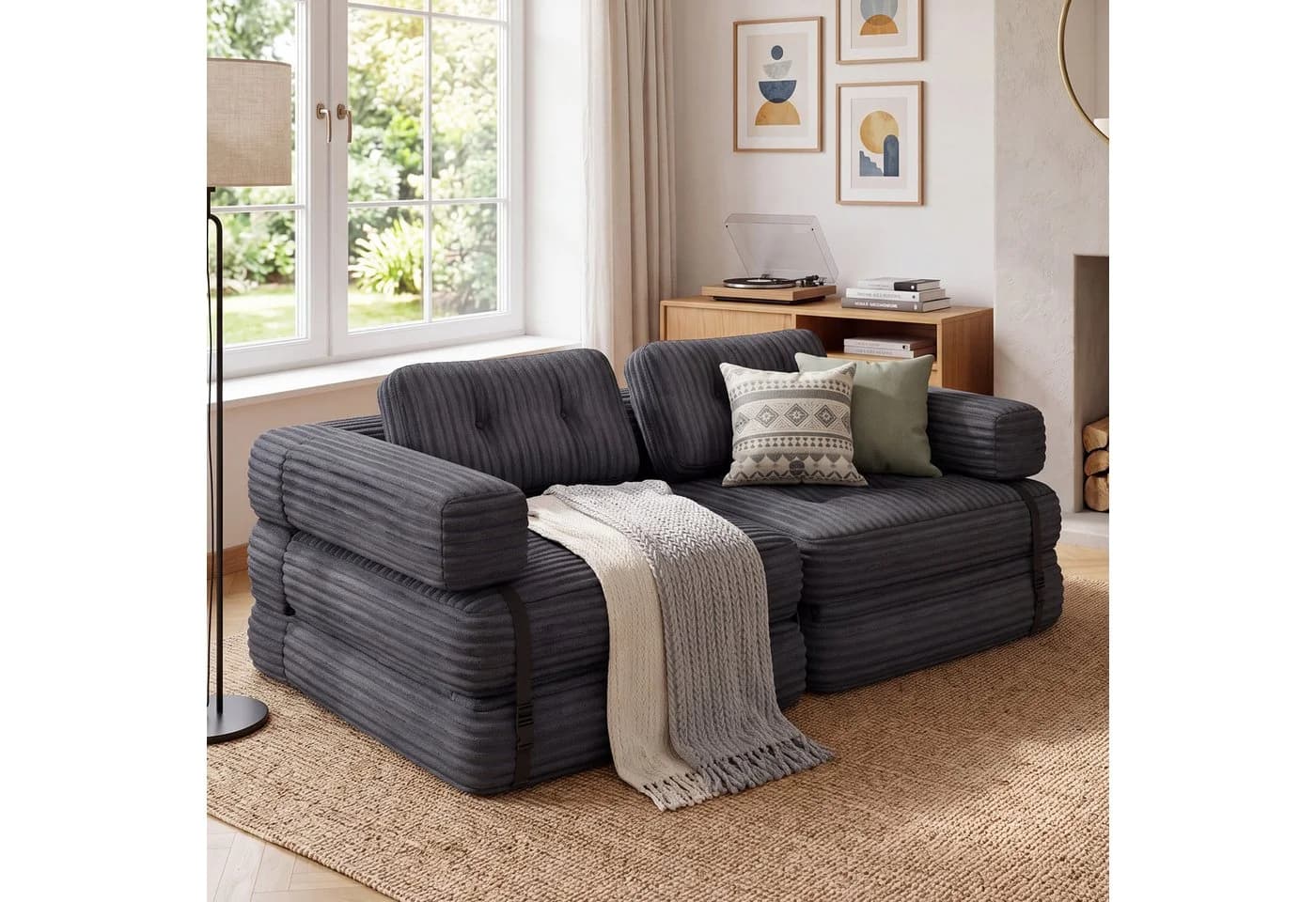 Blishom 1,5-Sitzer Schlafsofa aus Cord Grau 2-in-1 faltbar - Bild 4