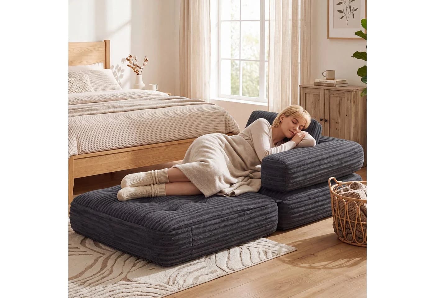 Blishom 1,5-Sitzer Schlafsofa aus Cord Grau 2-in-1 faltbar - Bild 5