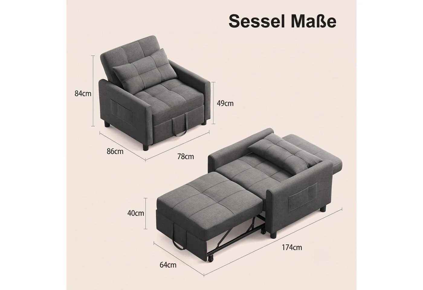 Blishom Relaxsessel 3-in-1 Schlafsessel Schlafsofa Klappbett Grau