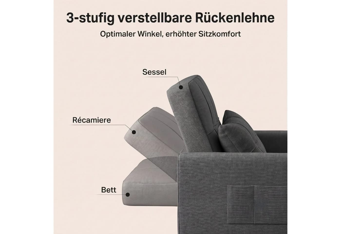 Blishom Relaxsessel 3-in-1 Schlafsessel Schlafsofa Klappbett Grau - Bild 4