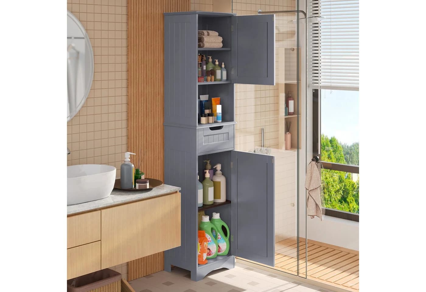 Blishom Hochschrank 170cm Weiß/Kaffeebraun mit Schublade - Bild 5