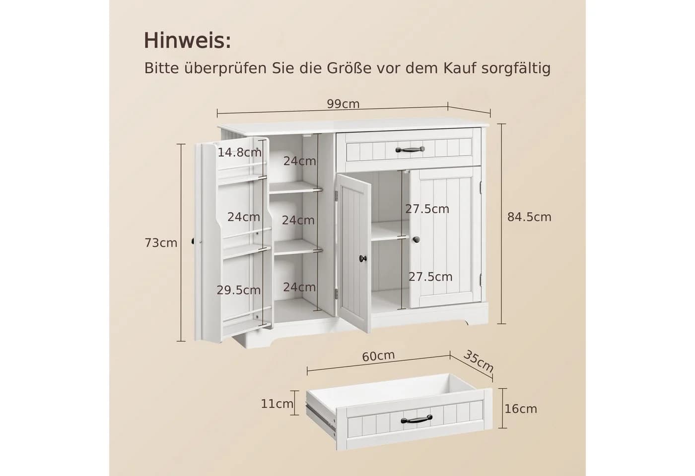 Blishom Sideboard Küchenschrank Weiß Retro mit Stauraum