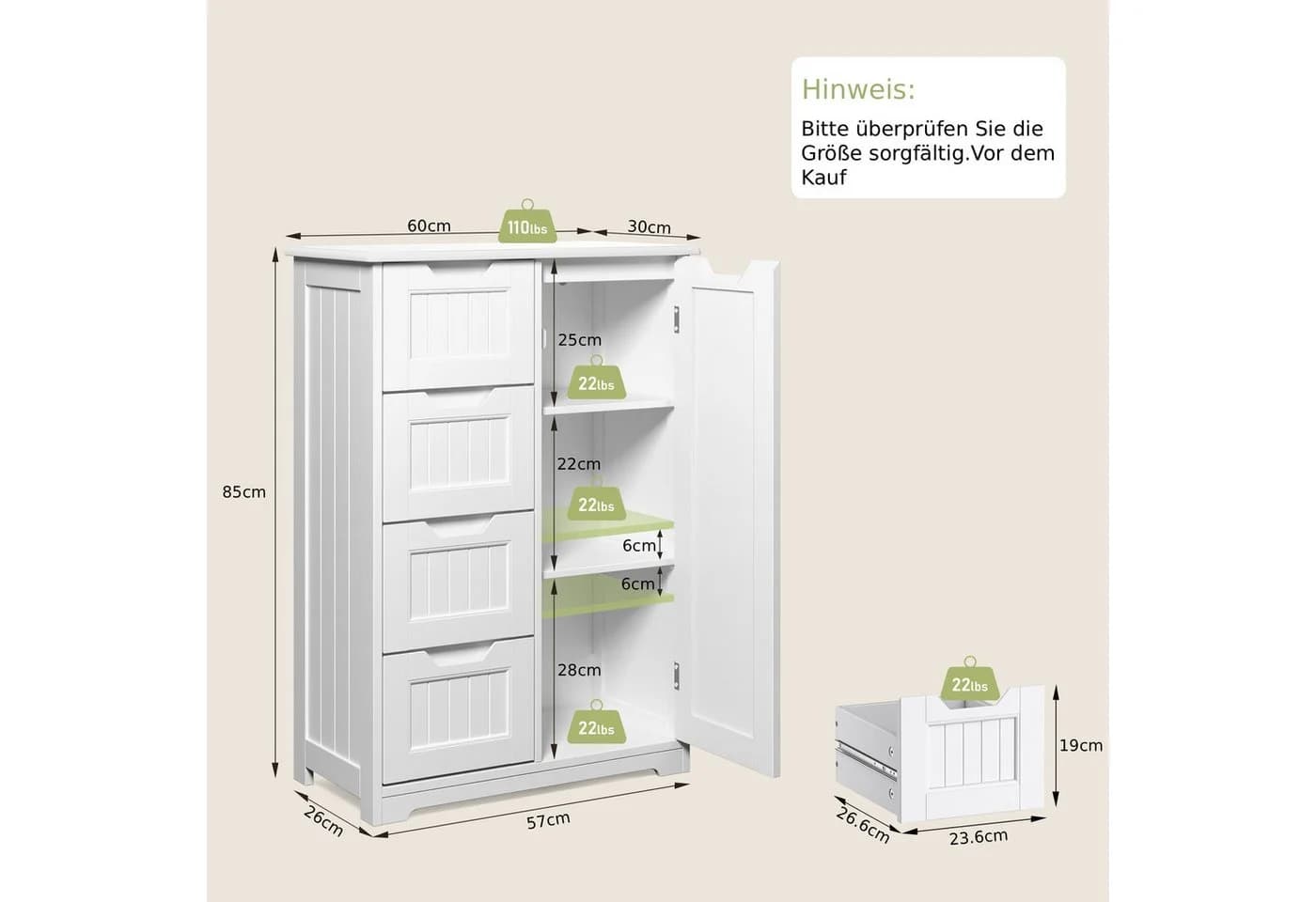 Blishom Badkommode mit 4 Schubladen, weiß, lackiert