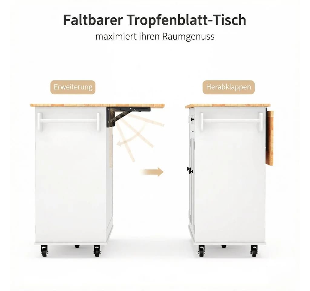 Blishom Kücheninsel Weiß/Schwarz mit Klappplatte & Rollen - Bild 3