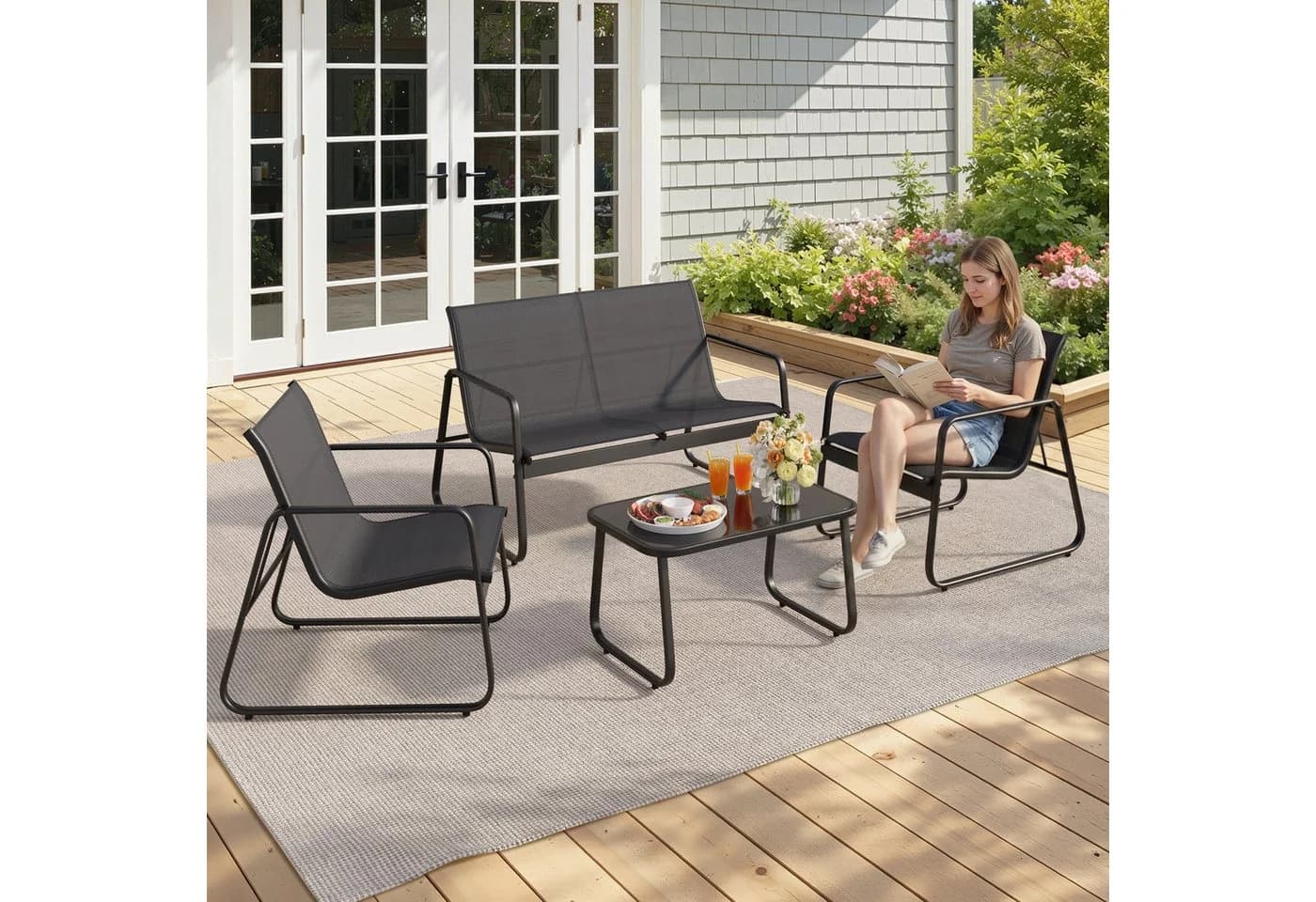 Blishom Gartenlounge-Set 4-tlg. Schwarz Stahl Textilene Glas