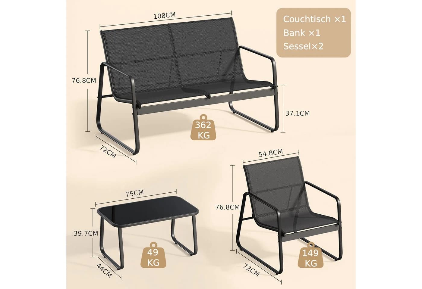 Blishom Gartenlounge-Set 4-tlg. Schwarz Stahl Textilene Glas - Bild 3
