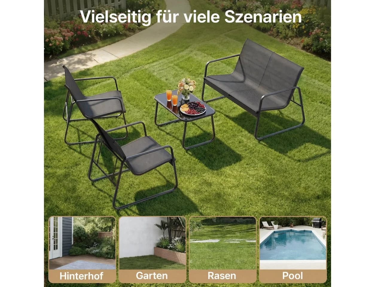 Blishom Gartenlounge-Set 4-tlg. Schwarz Stahl Textilene Glas - Bild 4