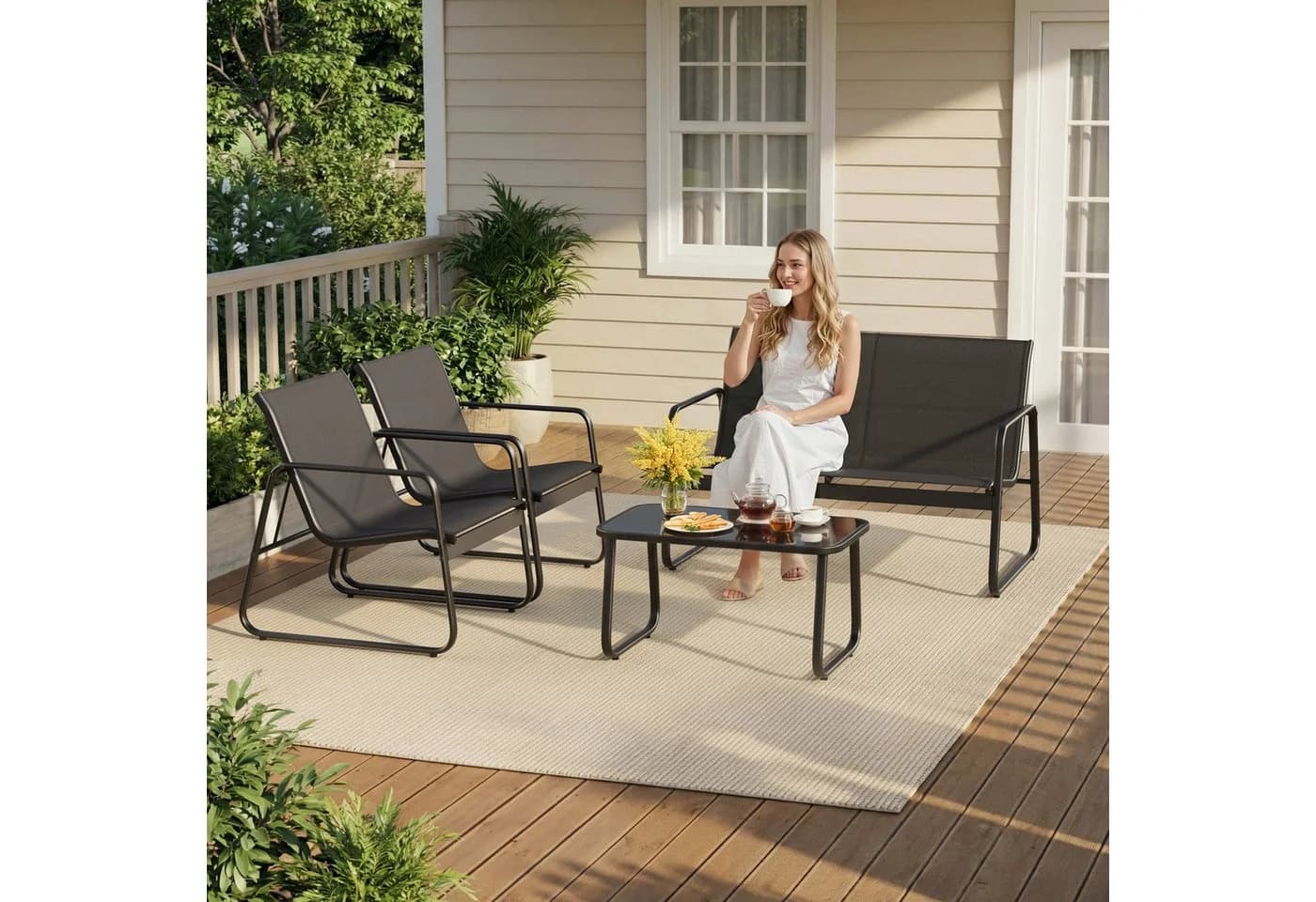 Blishom Gartenlounge-Set 4-tlg. Schwarz Stahl Textilene Glas - Bild 5