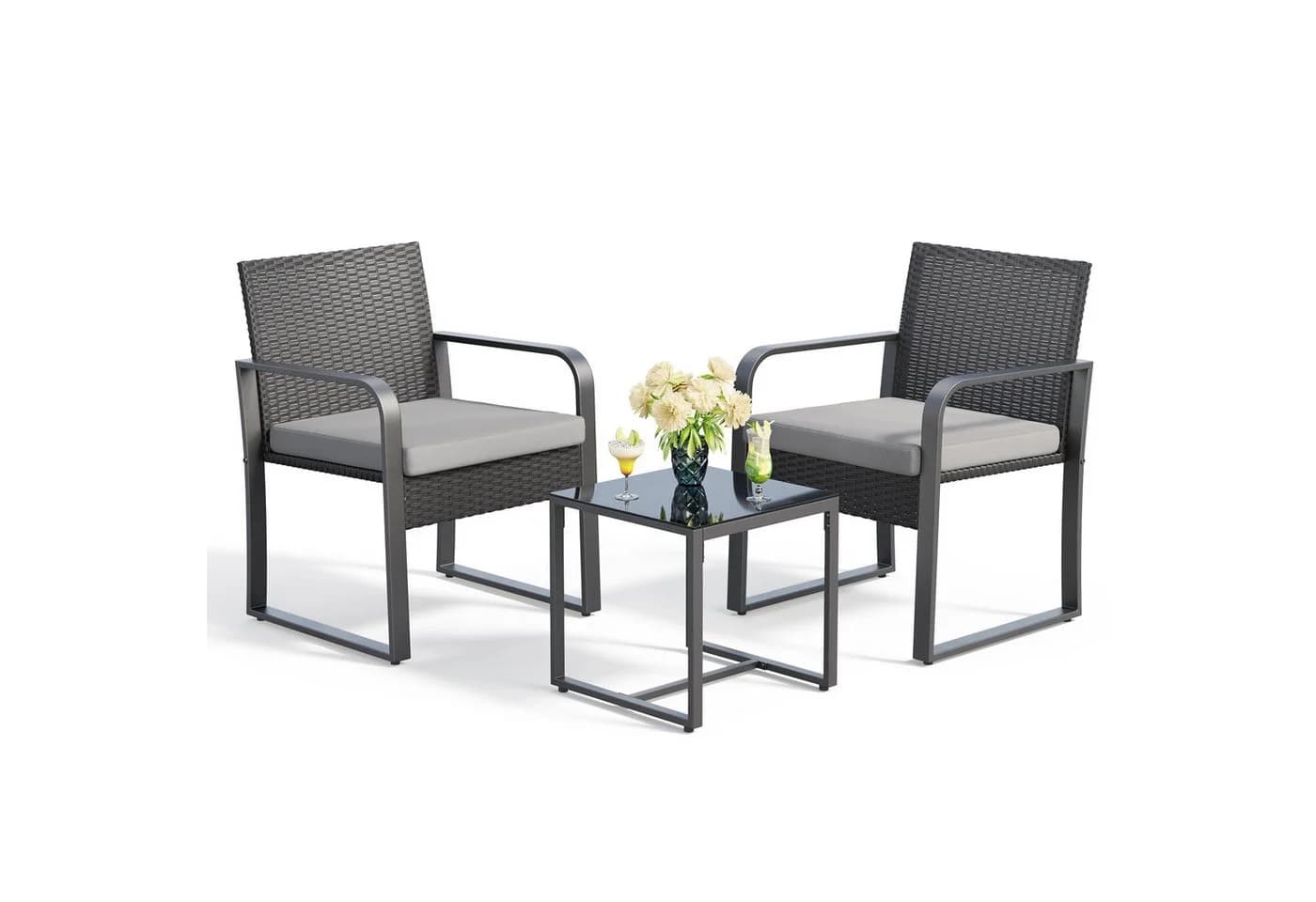 Blishom Balkonset 3-tlg. Grau/Beige Poly Rattan mit Kissen - Bild 2