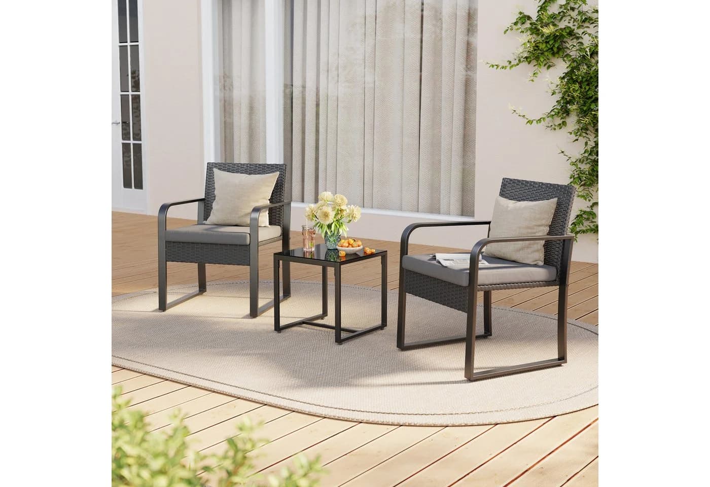 Blishom Balkonset 3-tlg. Grau/Beige Poly Rattan mit Kissen - Bild 3