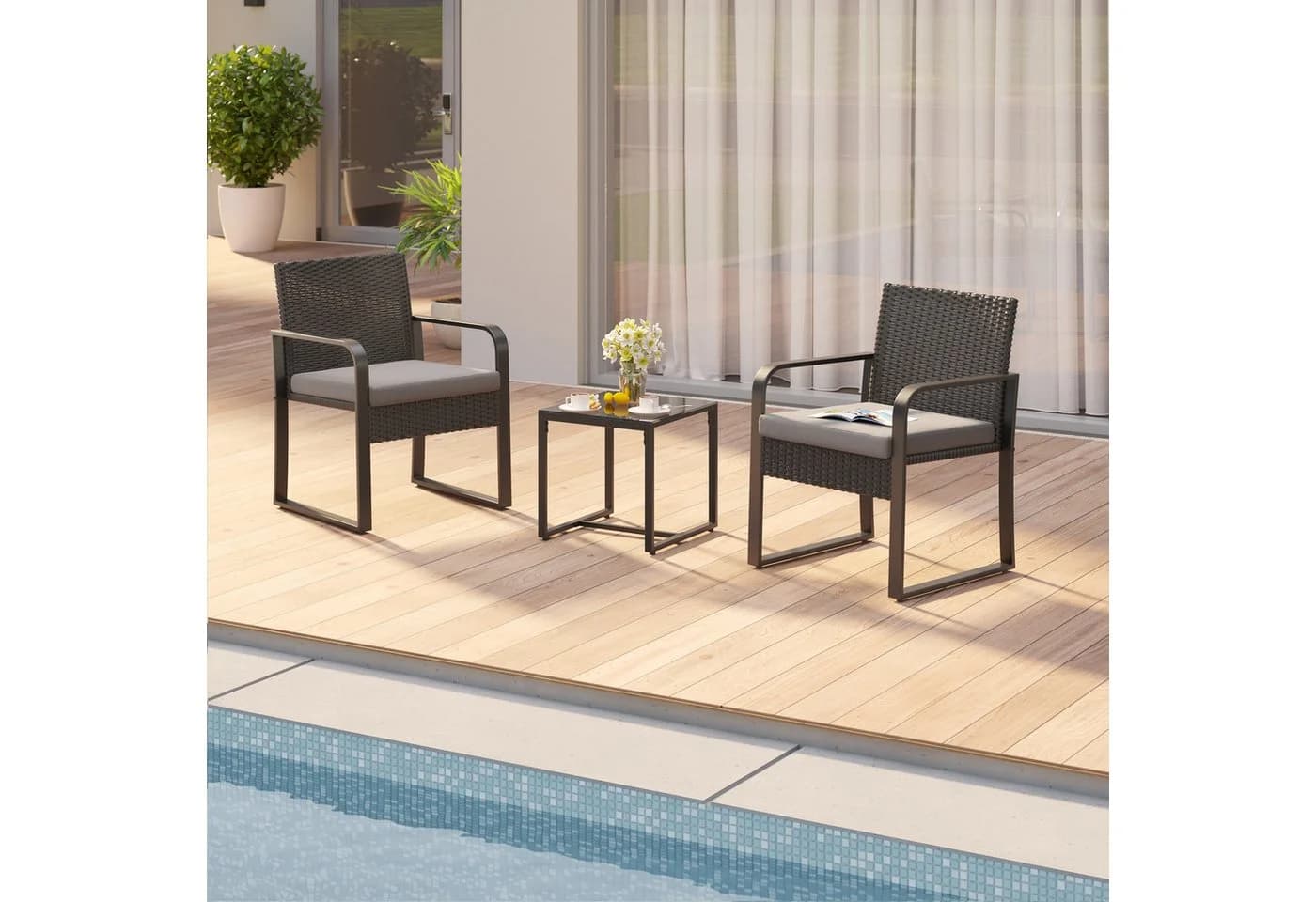 Blishom Balkonset 3-tlg. Grau/Beige Poly Rattan mit Kissen - Bild 5