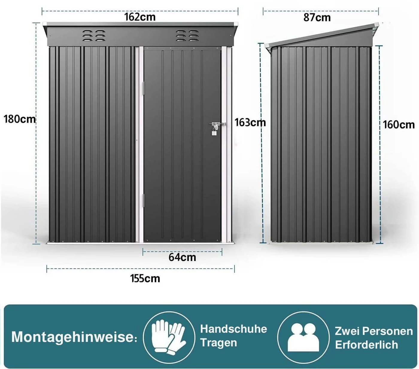Blishom Gartenhaus Metall 162x95x182 cm Grau Wetterfest