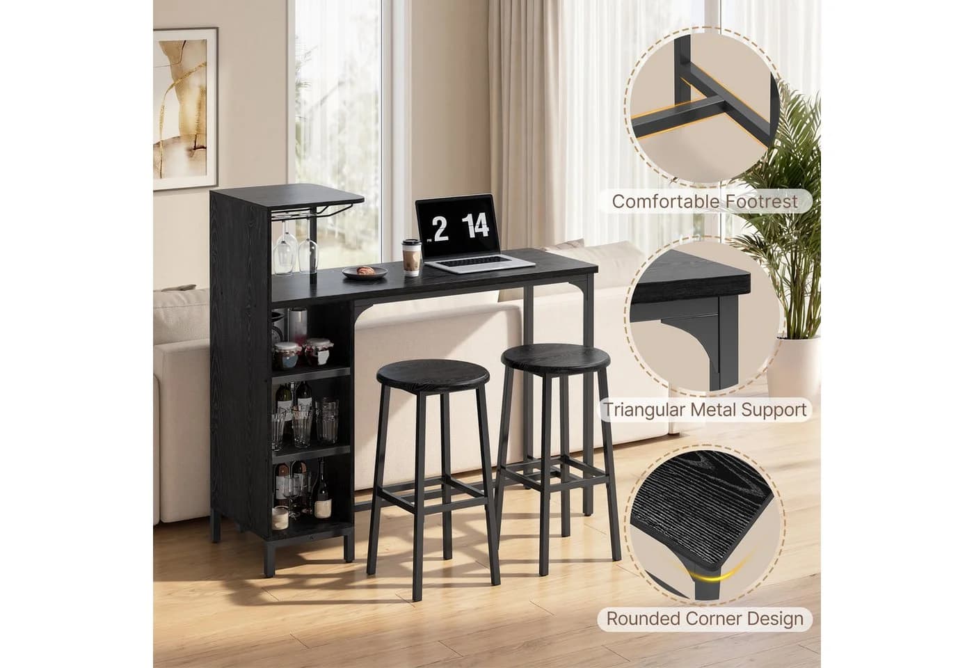 Bealife Bartisch 3-tlg. Schwarz mit 2 Barhockern & Weinglashalter