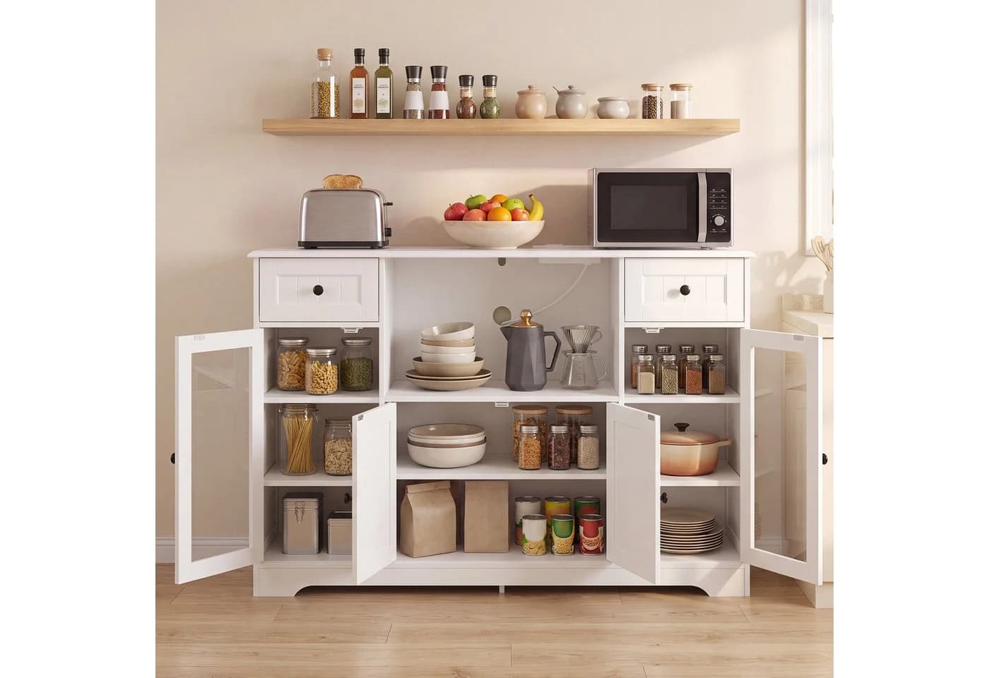 Bealife Buffet Küchenschrank Weiß mit Schubladen, Glastür & Mikrowellenregal