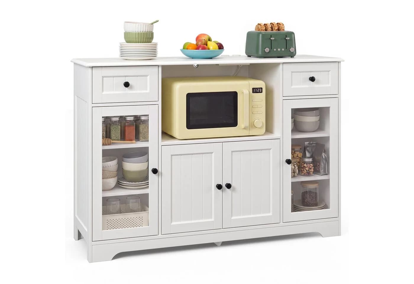 Bealife Buffet Küchenschrank Weiß mit Schubladen, Glastür & Mikrowellenregal - Bild 2