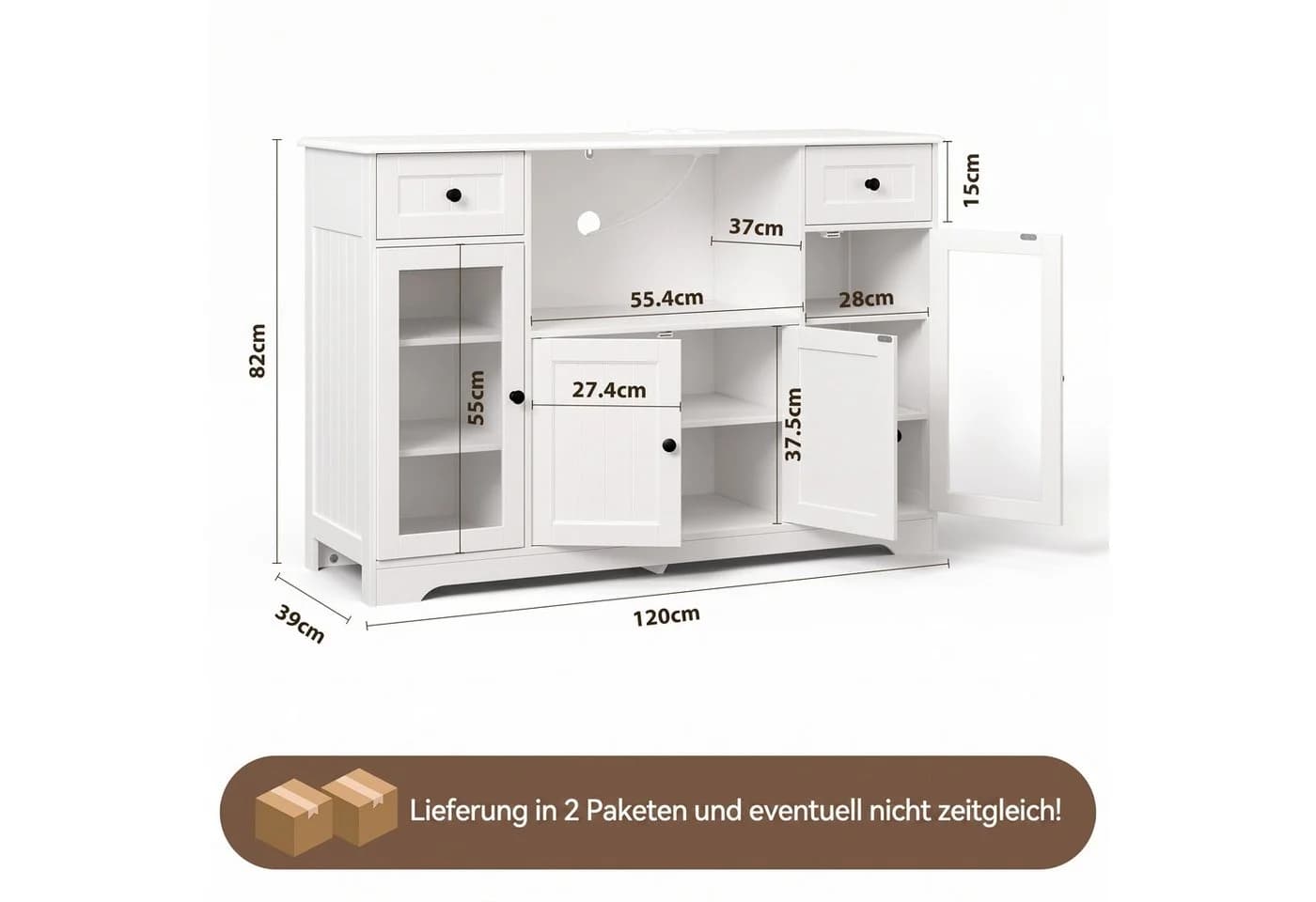Bealife Buffet Küchenschrank Weiß mit Schubladen, Glastür & Mikrowellenregal - Bild 3