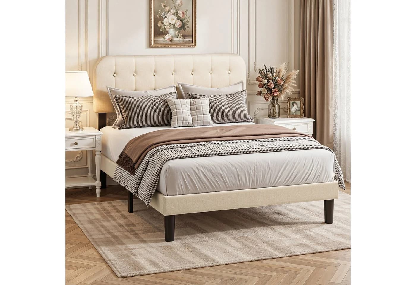Bealife Bettgestell mit gepolstertem Kopfteil und Lattenrost Beige