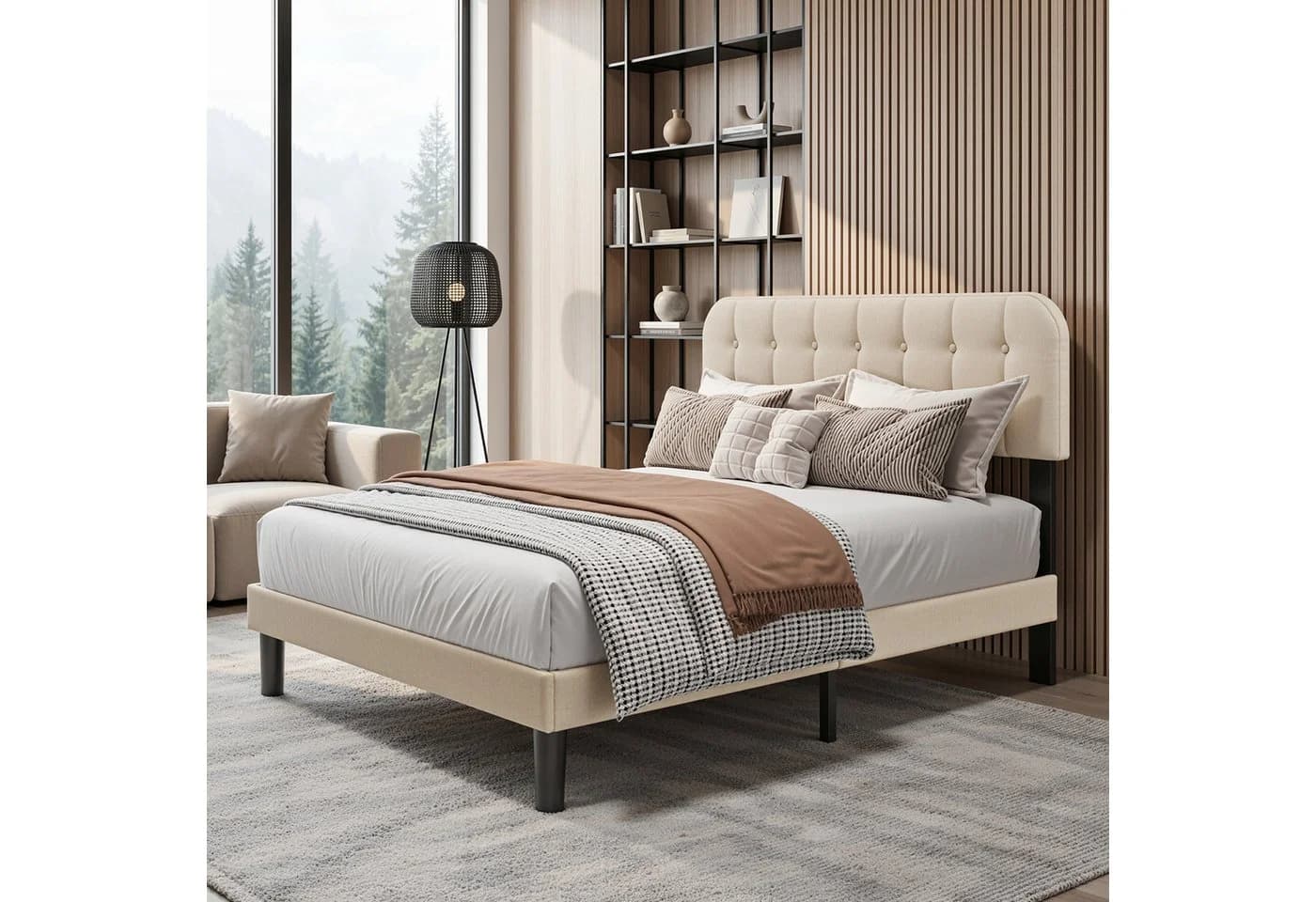 Bealife Bettgestell mit gepolstertem Kopfteil und Lattenrost Beige - Bild 2