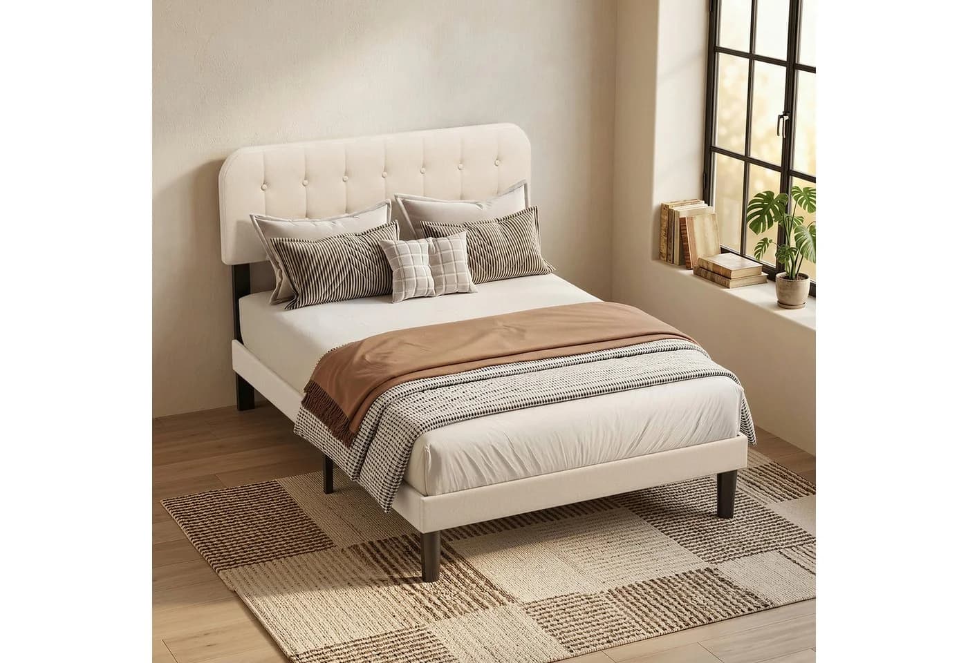 Bealife Bettgestell mit gepolstertem Kopfteil und Lattenrost Beige - Bild 3
