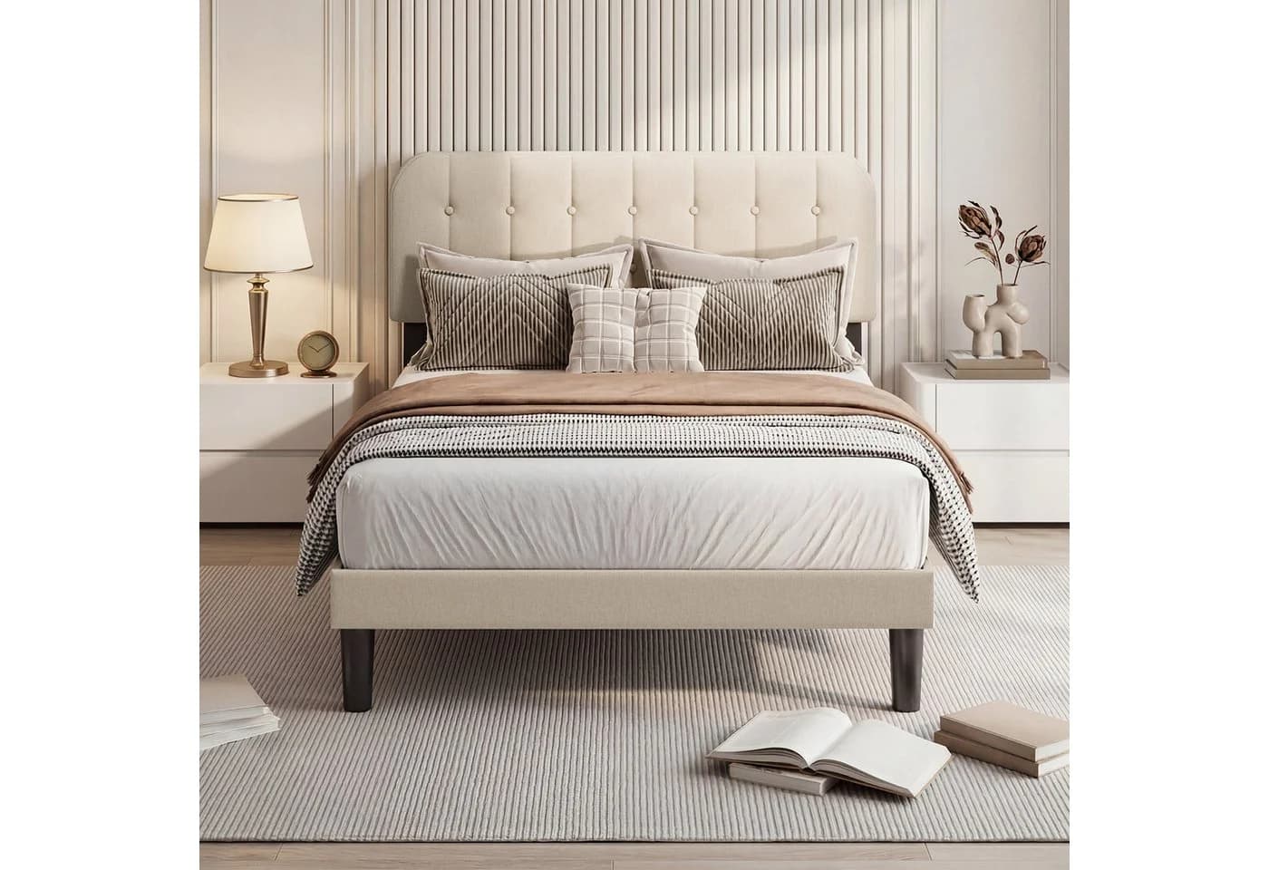 Bealife Bettgestell mit gepolstertem Kopfteil und Lattenrost Beige - Bild 4