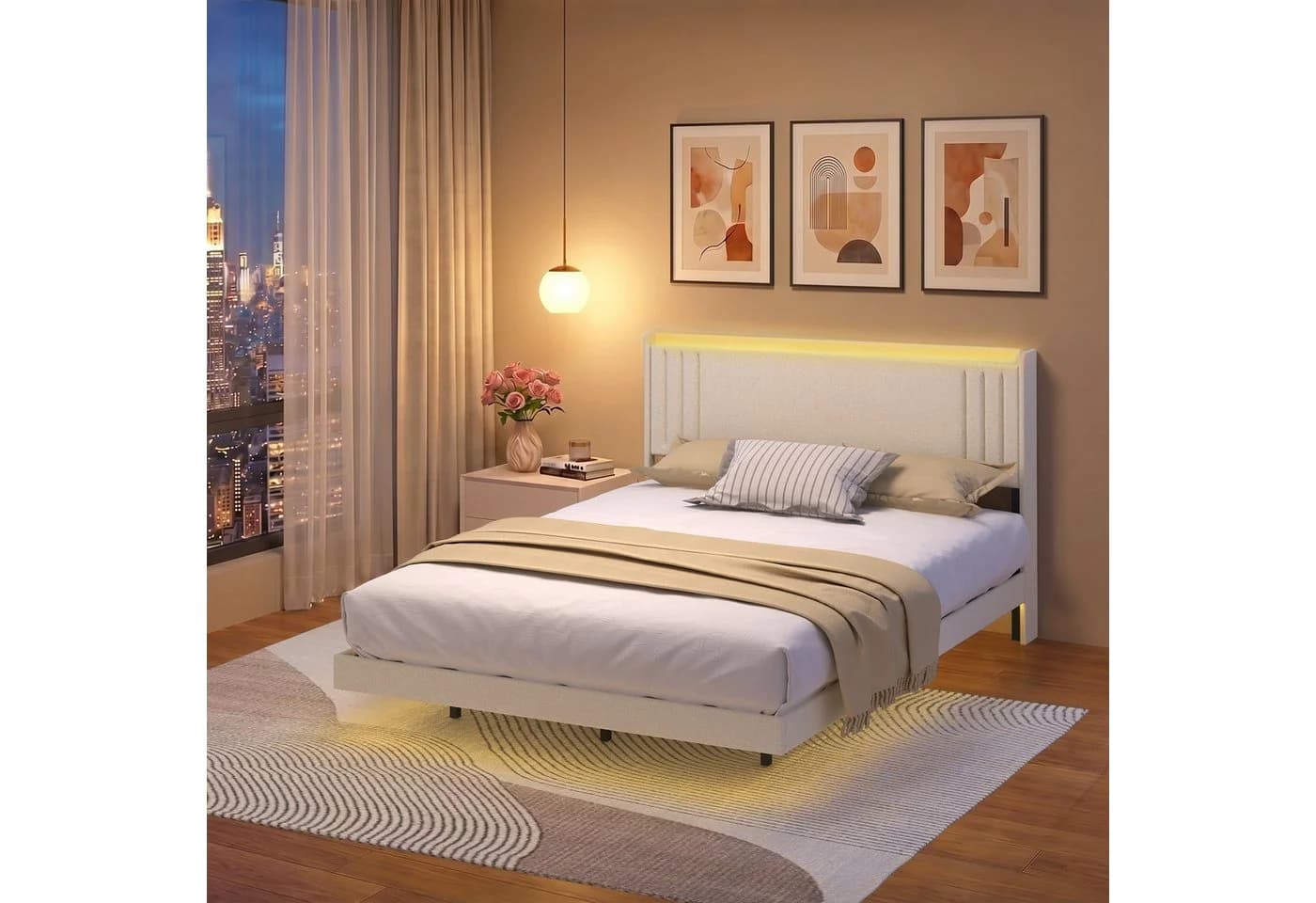 Bealife Polsterbett mit Lichtleiste und gepolstertem Kopfteil Beige