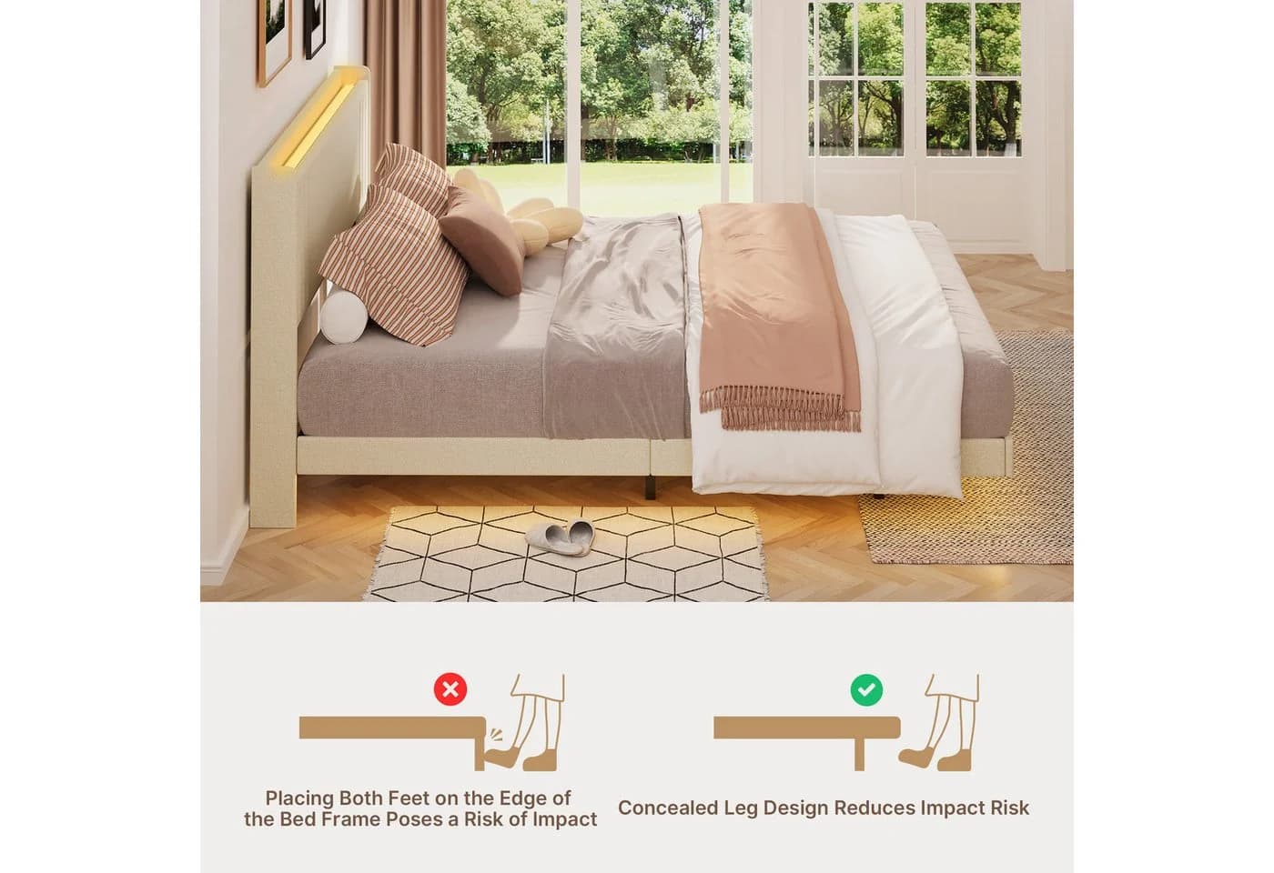 Bealife Polsterbett mit Lichtleiste und gepolstertem Kopfteil Beige - Bild 5