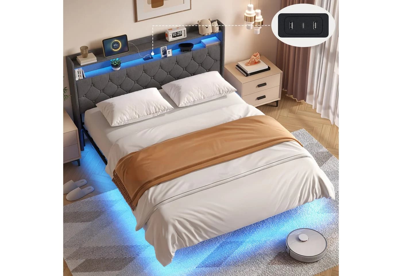 Bealife Polsterbett mit LED-Beleuchtung und Ladestation Grau - Bild 2